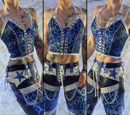 #13 White & Blue Leopard Print Stretch Bustier