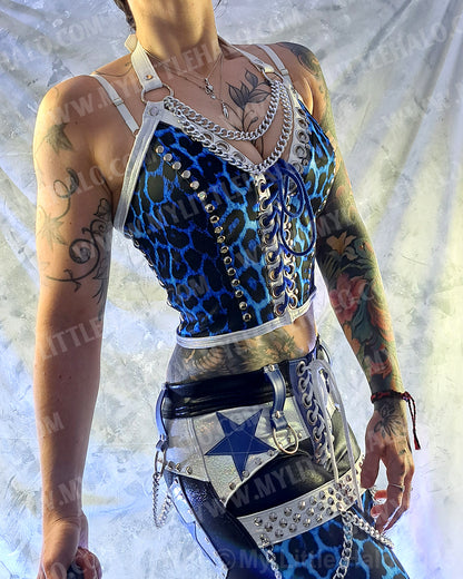 #13 White & Blue Leopard Print Stretch Bustier