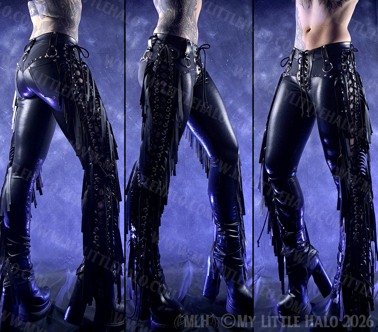 Black Fringed Side Lace up Gothic Skinny Pants #14