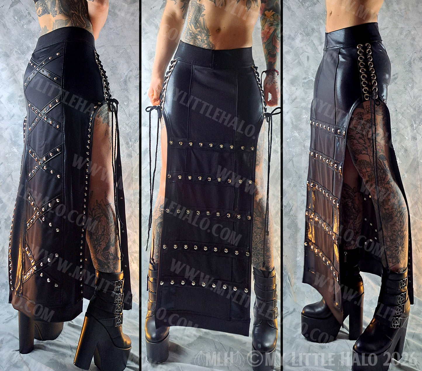 Heavy Black Studded, Gothic Lace up Maxi Skirt #14