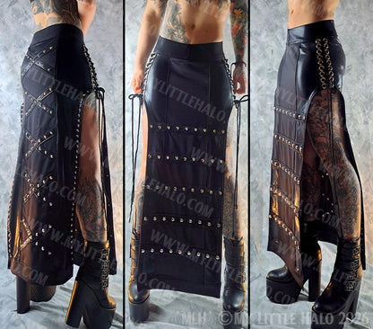 Heavy Black Studded, Gothic Lace up Maxi Skirt #14