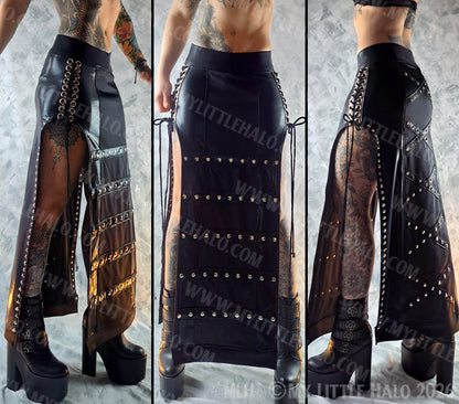 Heavy Black Studded, Gothic Lace up Maxi Skirt #14