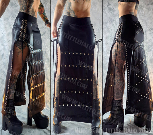 Heavy Black Studded, Gothic Lace up Maxi Skirt #14