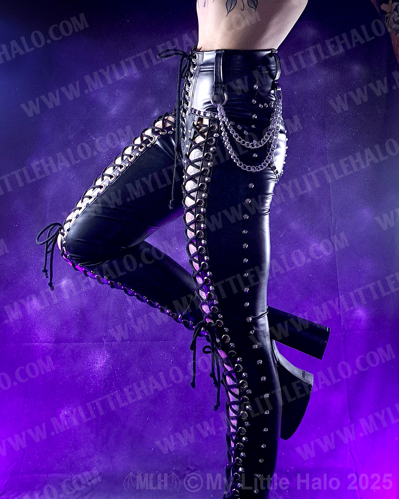 #14 High Waisted Black Wet Look Lace up Pants