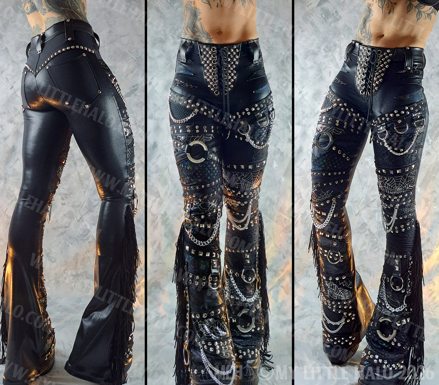 Mid Rise Glam/Metal Black Holographic Fringe Flares #14