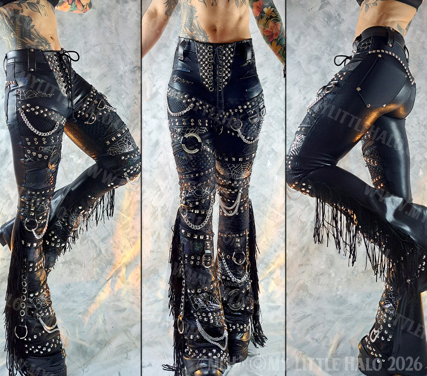 Mid Rise Glam/Metal Black Holographic Fringe Flares #14
