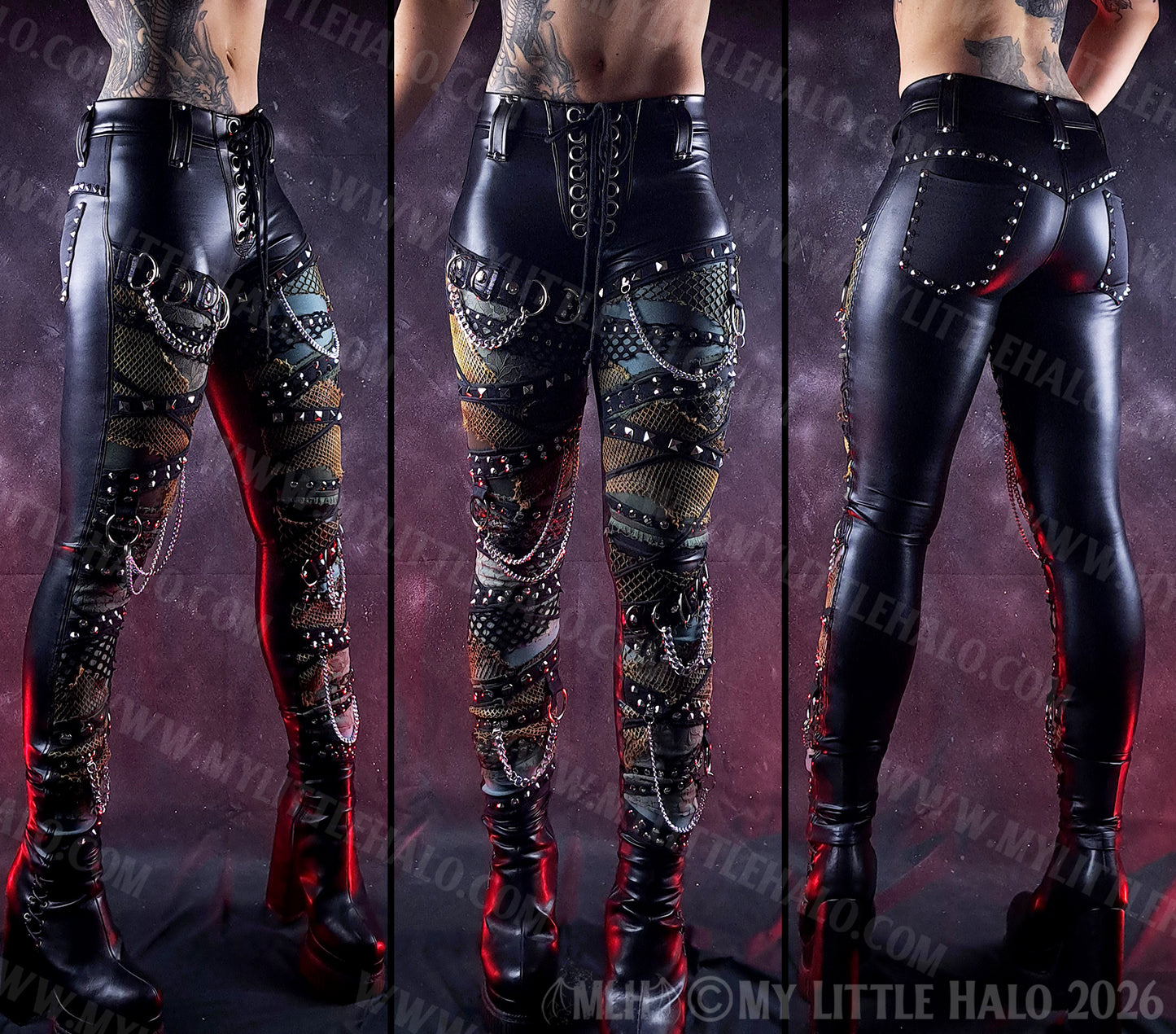 Black Wet Look & Khaki Rivet & Chain Skinny Pants #15