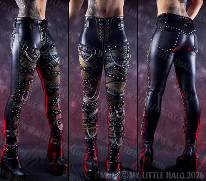 Black Wet Look & Khaki Rivet & Chain Skinny Pants #15