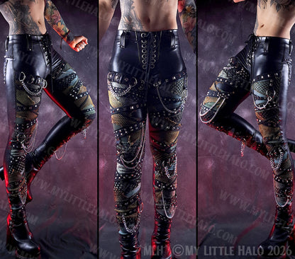 Black Wet Look & Khaki Rivet & Chain Skinny Pants #15