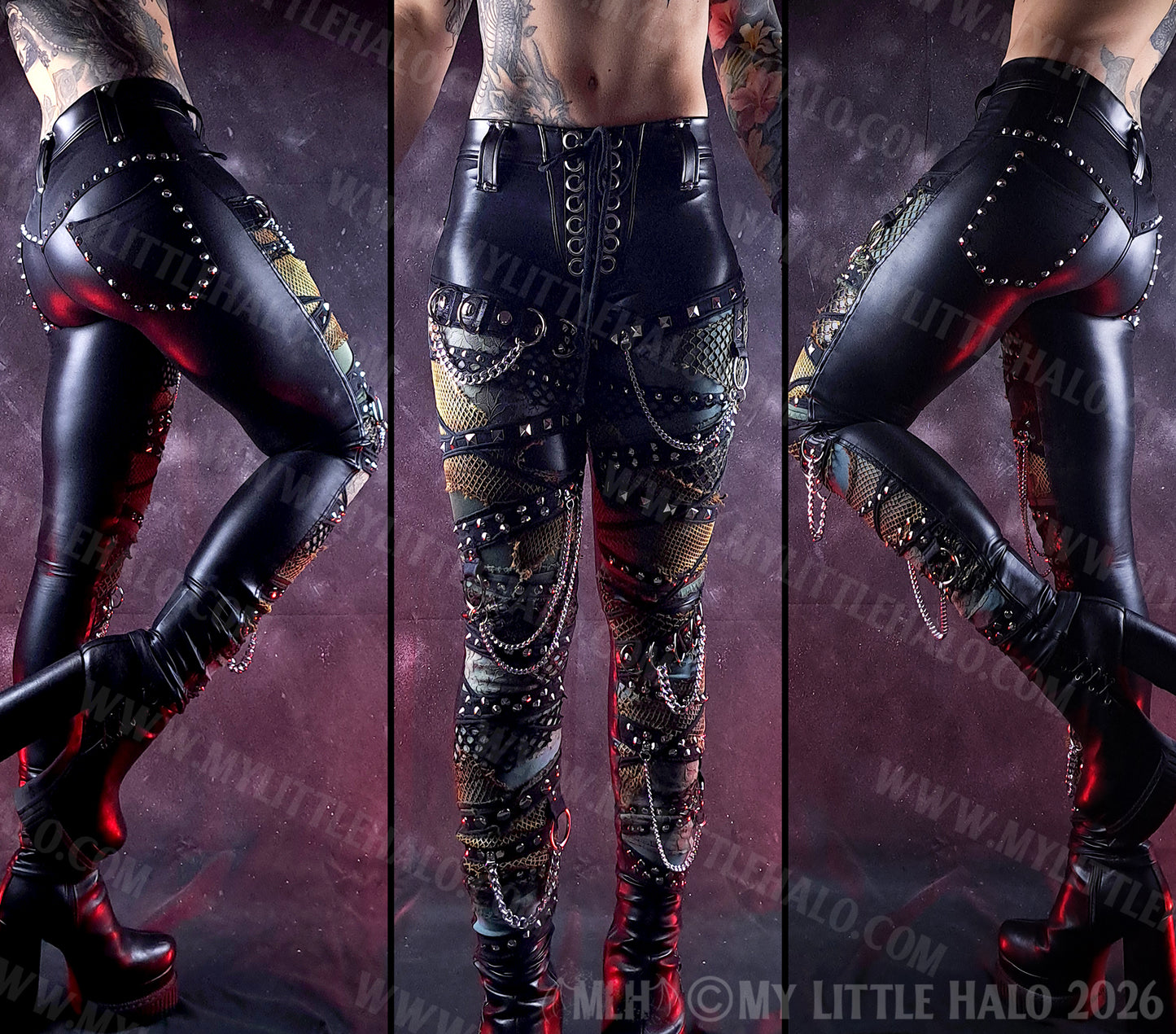 Black Wet Look & Khaki Rivet & Chain Skinny Pants #15