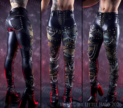 Black Wet Look & Khaki Rivet & Chain Skinny Pants #15