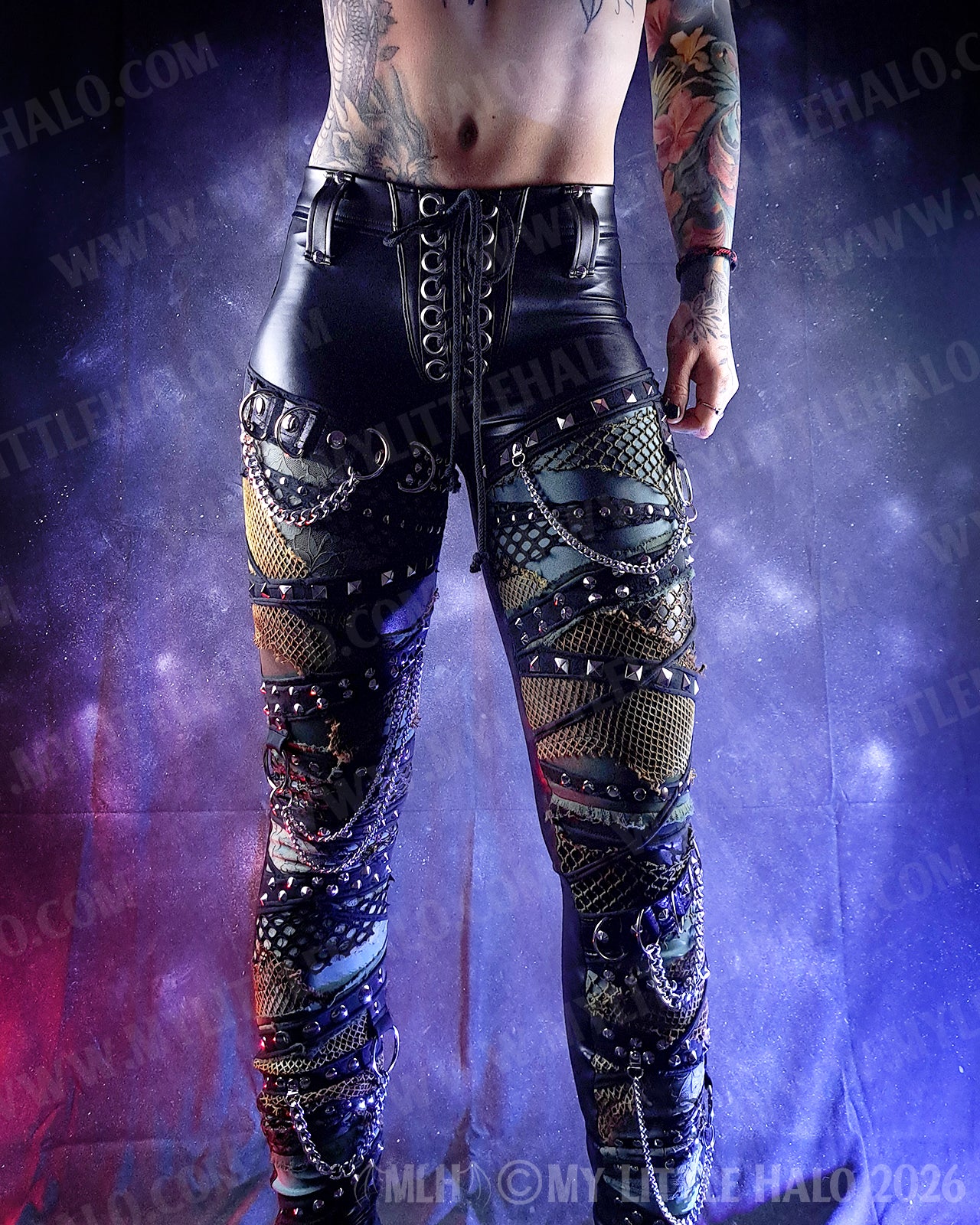 Black Wet Look & Khaki Rivet & Chain Skinny Pants #15