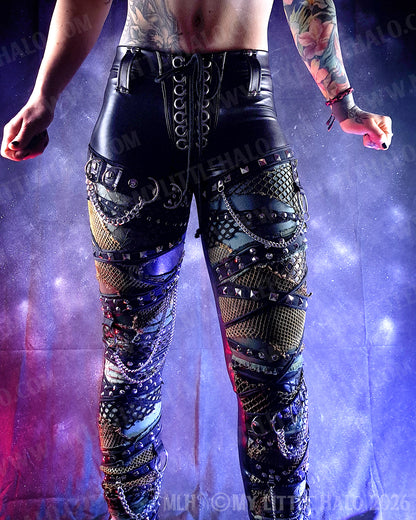 Black Wet Look & Khaki Rivet & Chain Skinny Pants #15