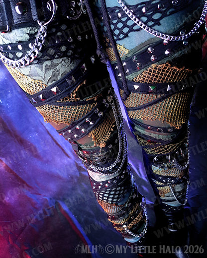 Black Wet Look & Khaki Rivet & Chain Skinny Pants #15