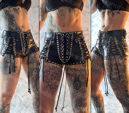 #15 Mid Rise Wet Look Lace up Shorts