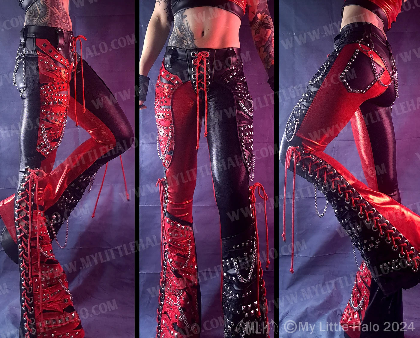 #15 Low Rise Red & Black Collaged Lace Up Flares (03-24-11-1-15)
