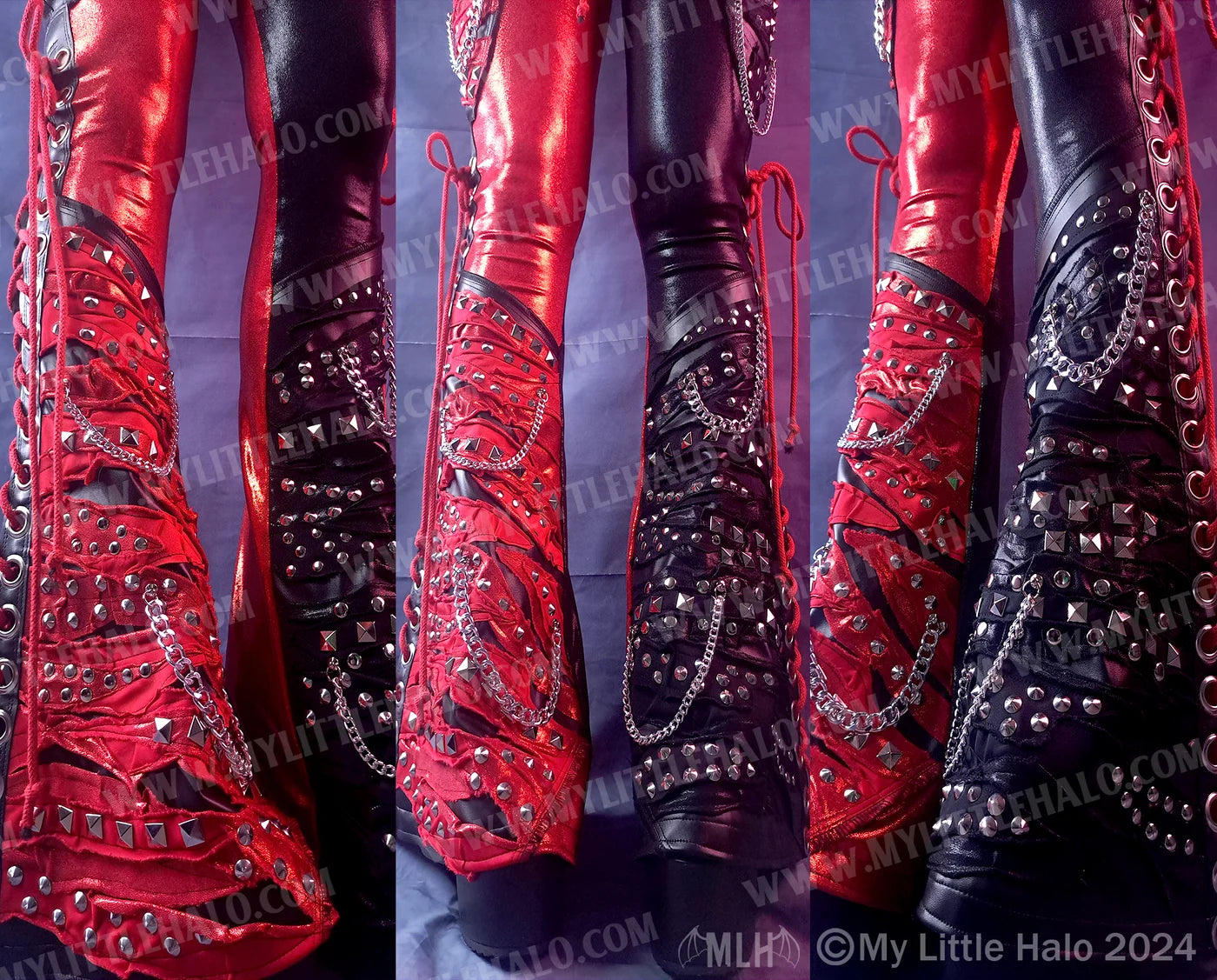 #15 Low Rise Red & Black Collaged Lace Up Flares (03-24-11-1-15)