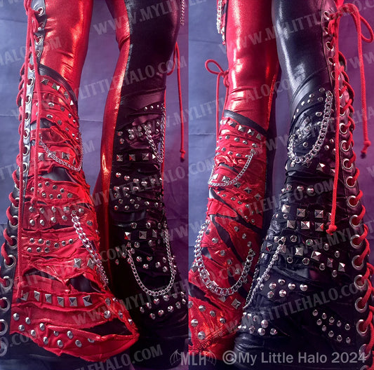 #15 Low Rise Red & Black Collaged Lace Up Flares (03-24-11-1-15)