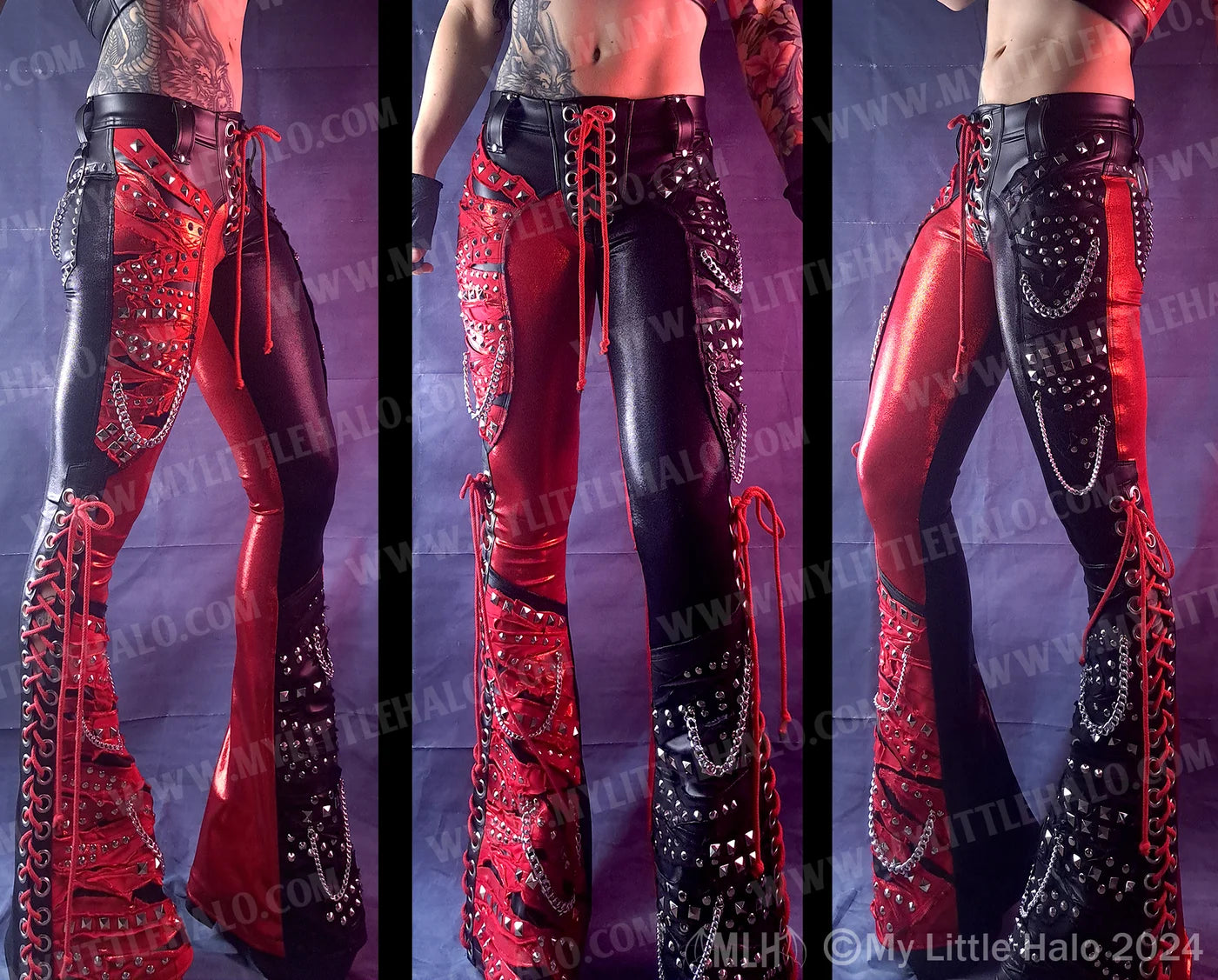 #15 Low Rise Red & Black Collaged Lace Up Flares (03-24-11-1-15)