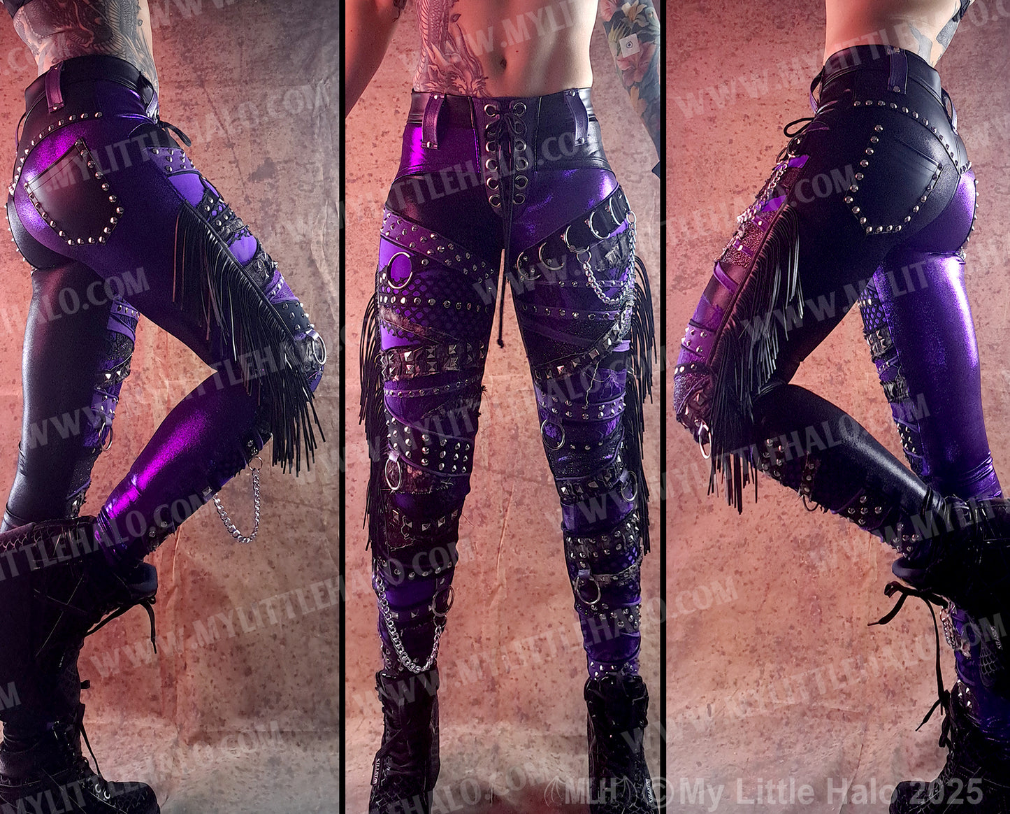 #15 PURPLE & BLACK FRINGED COLLAGE SKINNIES