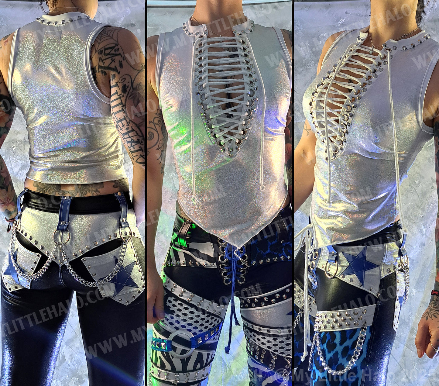 #16 Glam White Holographic Lace up Vest