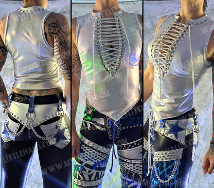 #16 Glam White Holographic Lace up Vest