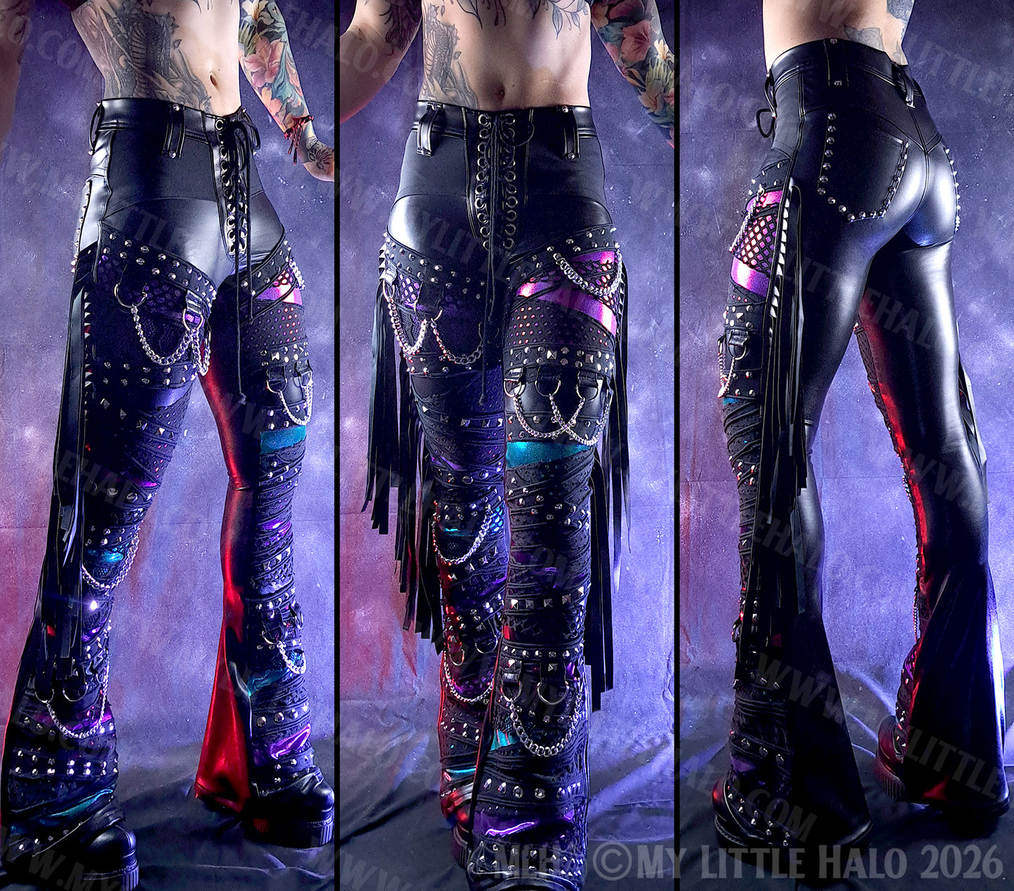 High Waisted Claret, Purple & Teal Rivet & Chain Goth Flares #16