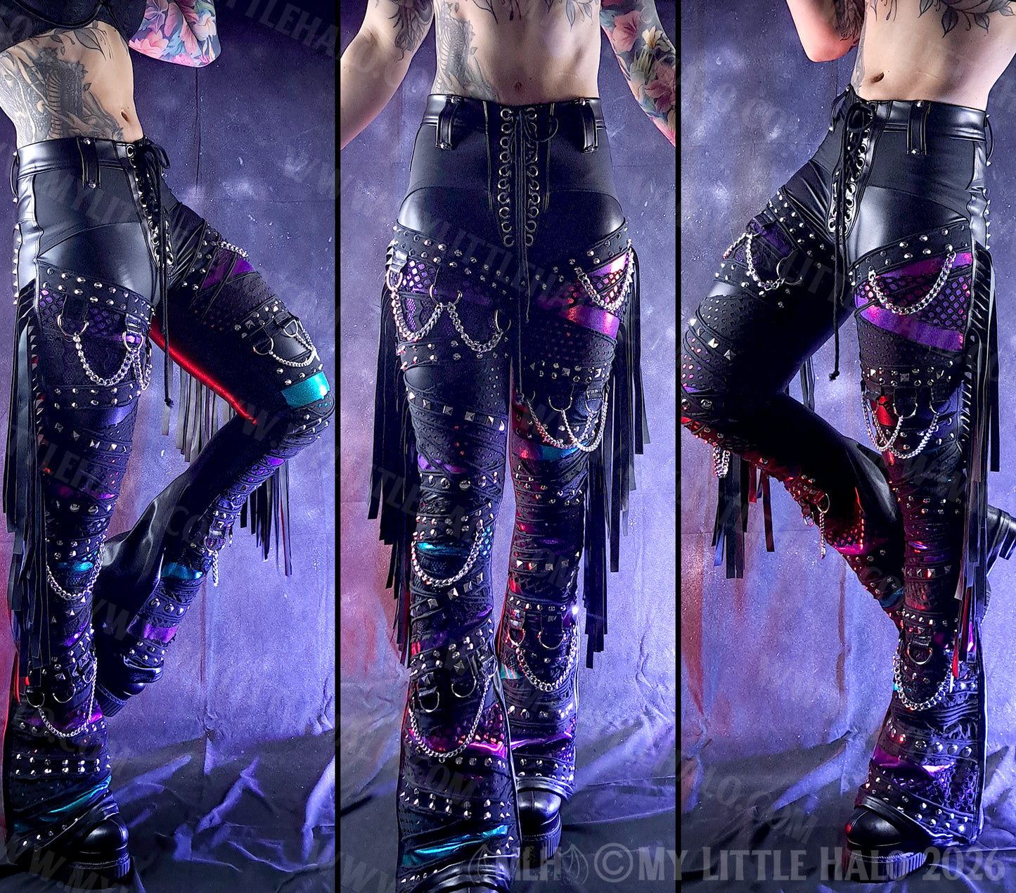 High Waisted Claret, Purple & Teal Rivet & Chain Goth Flares #16