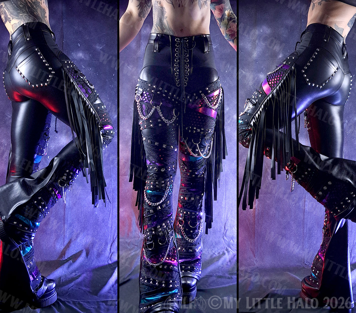 High Waisted Claret, Purple & Teal Rivet & Chain Goth Flares #16