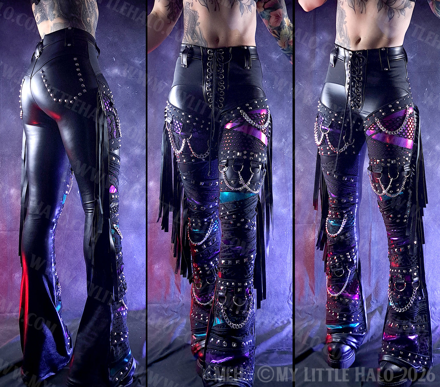 High Waisted Claret, Purple & Teal Rivet & Chain Goth Flares #16