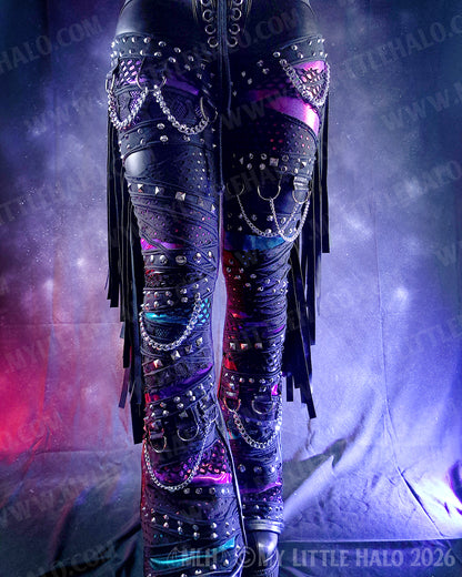 High Waisted Claret, Purple & Teal Rivet & Chain Goth Flares #16