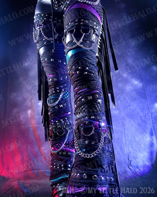 High Waisted Claret, Purple & Teal Rivet & Chain Goth Flares #16