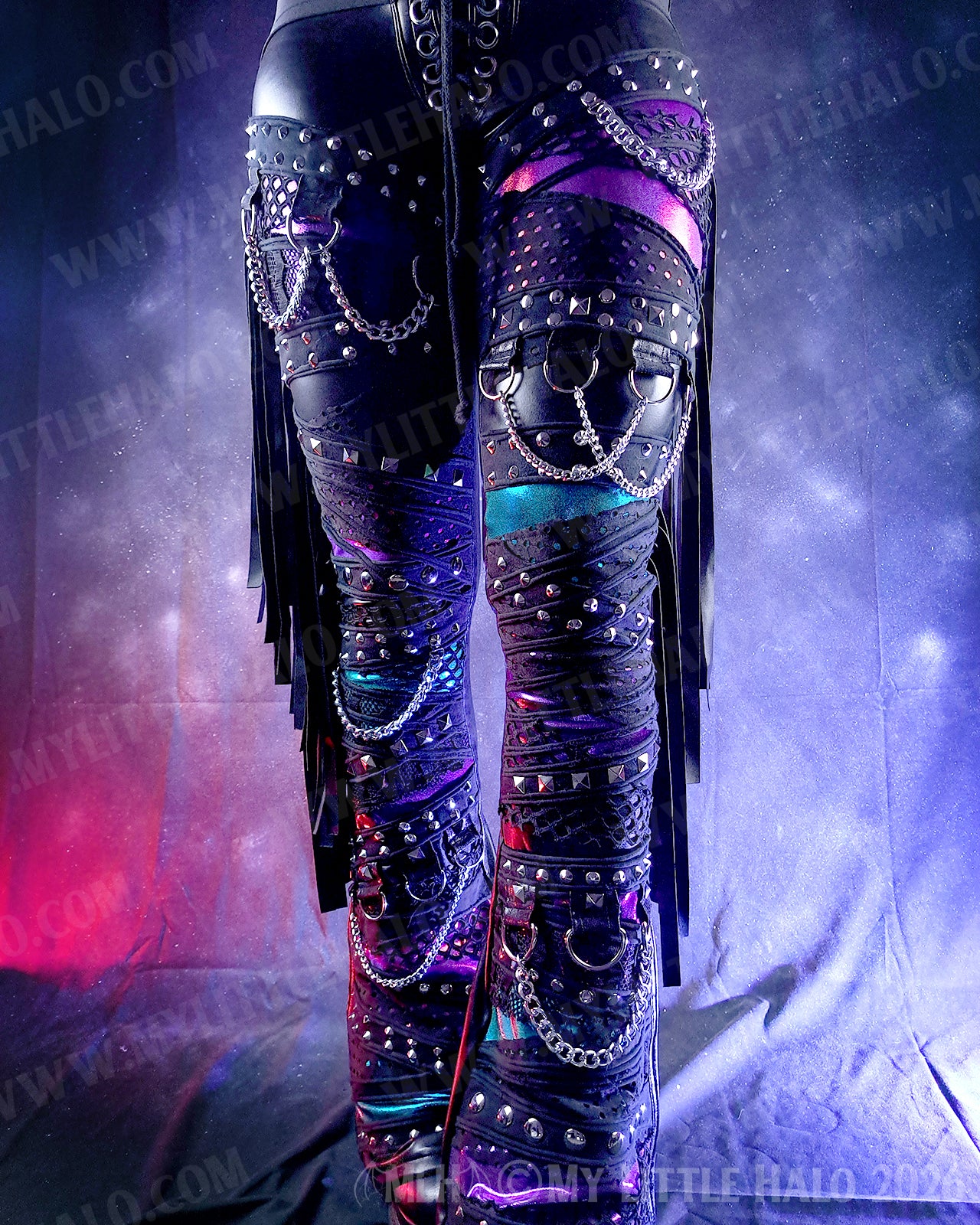High Waisted Claret, Purple & Teal Rivet & Chain Goth Flares #16