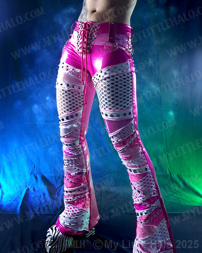 #16 Pink & Silver Fishnet Collaged Flare Pants
