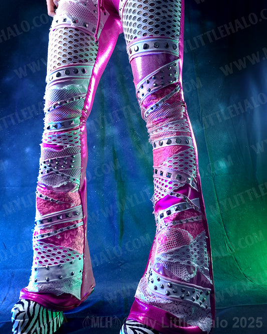 #16 Pink & Silver Fishnet Collaged Flare Pants