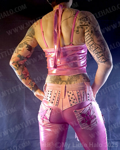 #16 Pink Candy Fringed Tie Up Rivet Halter (04-25-01-1-016)