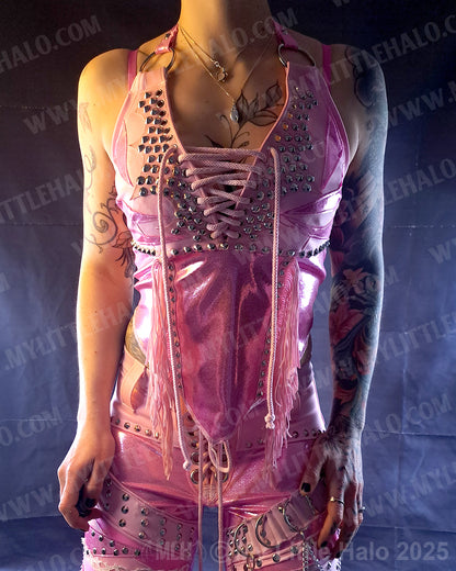 #16 Pink Candy Fringed Tie Up Rivet Halter (04-25-01-1-016)