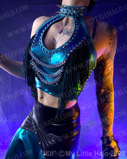 #17 Spiked & Fringed Teal Peephole Halter Top