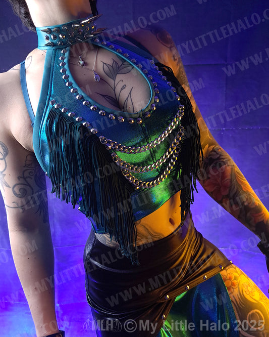 #17 Spiked & Fringed Teal Peephole Halter Top