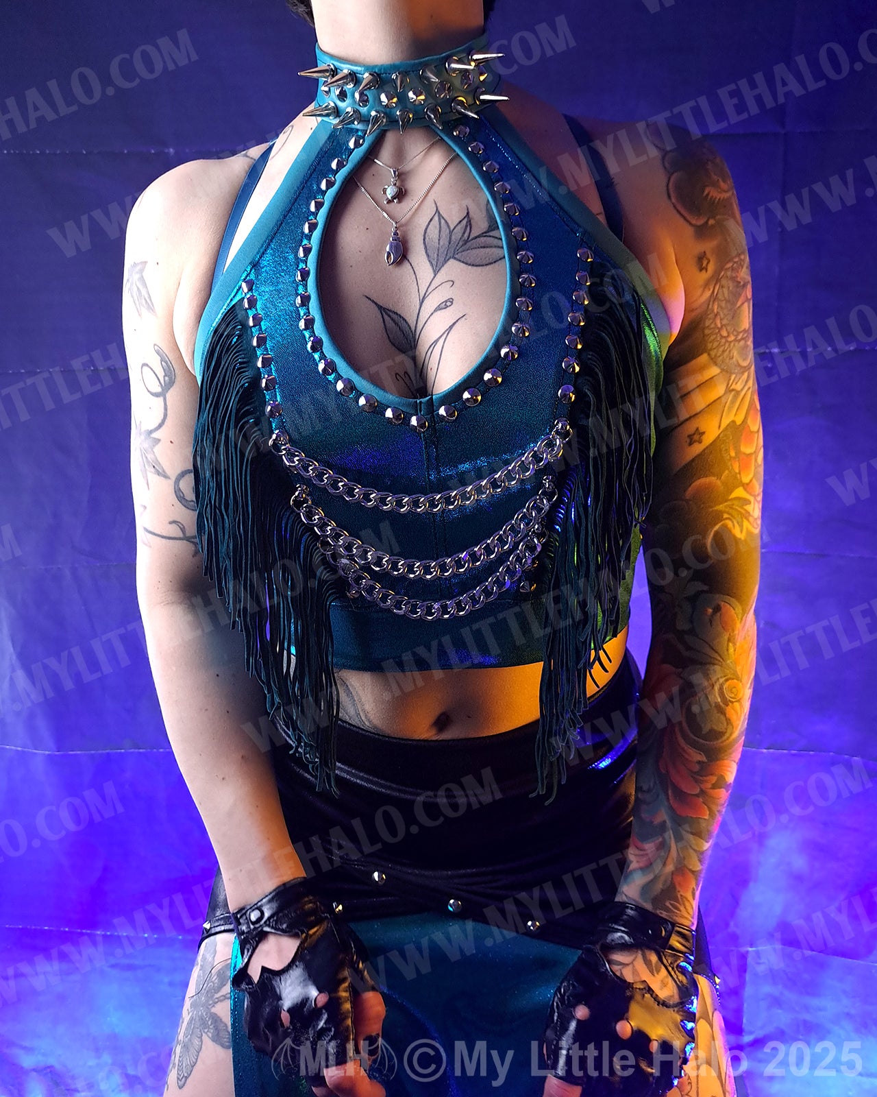 #17 Spiked & Fringed Teal Peephole Halter Top