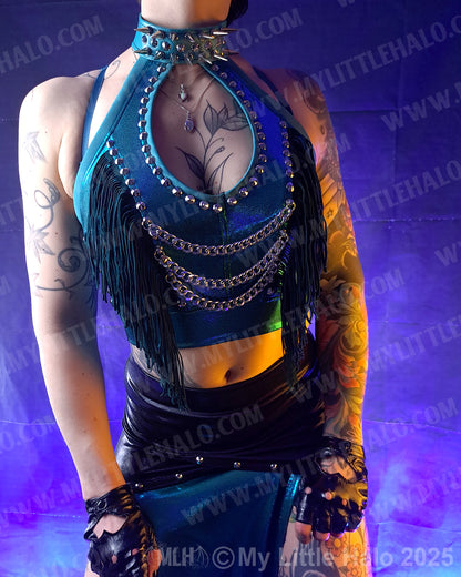 #17 Spiked & Fringed Teal Peephole Halter Top