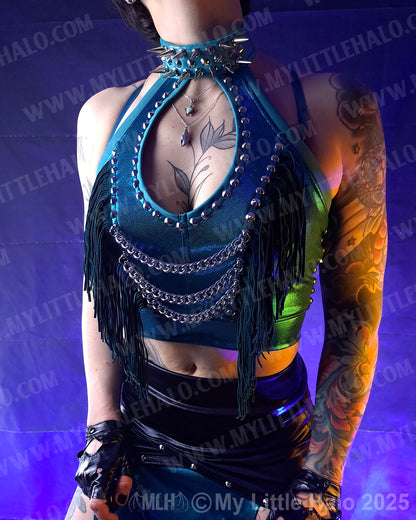 #17 Spiked & Fringed Teal Peephole Halter Top