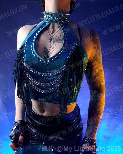 #17 Spiked & Fringed Teal Peephole Halter Top