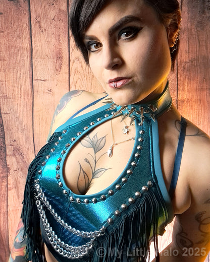 #17 Spiked & Fringed Teal Peephole Halter Top