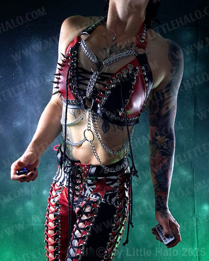 #19 Red & Black Spiked Harness Bikini Halter