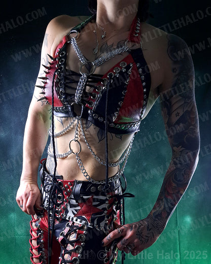 #19 Red & Black Spiked Harness Bikini Halter