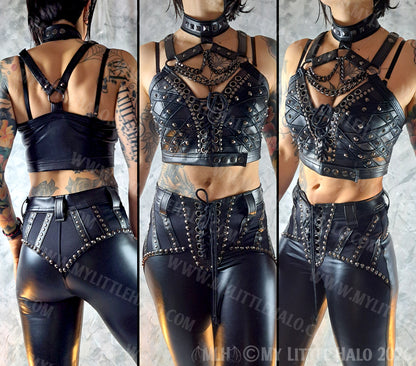 Black & Gunmetal Chained Choker Strap Cropped Bustier #1