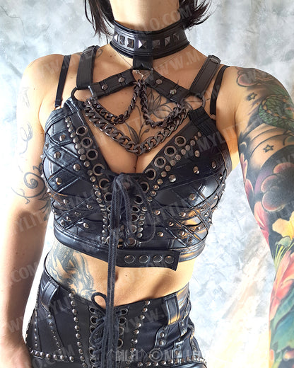 Black & Gunmetal Chained Choker Strap Cropped Bustier #1