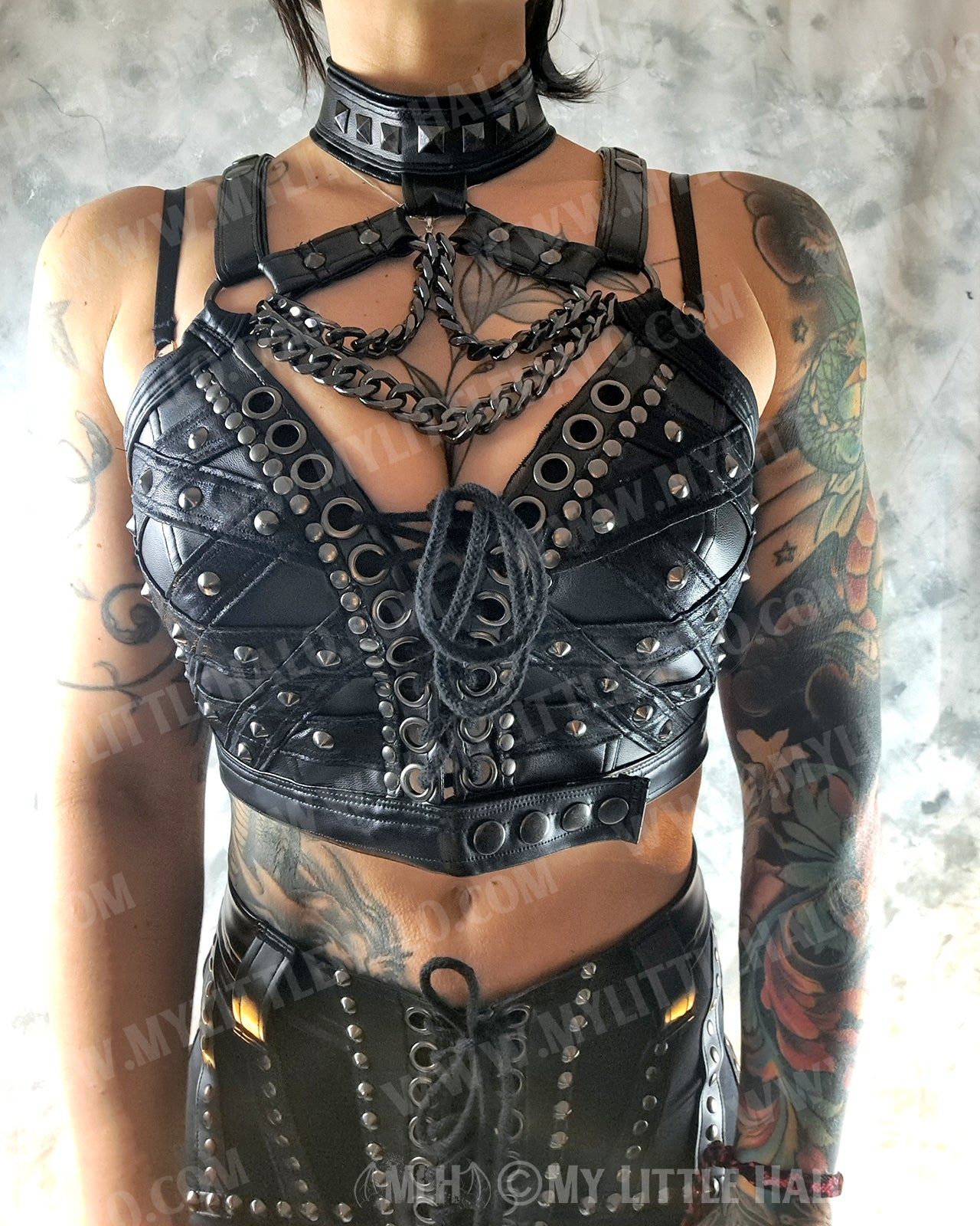 Black & Gunmetal Chained Choker Strap Cropped Bustier #1