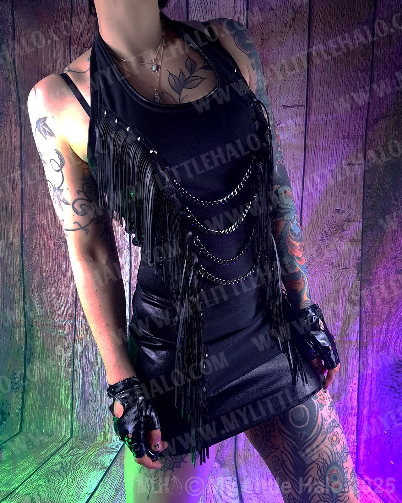 #1 Fringed Black Halter-neck Mini Dress
